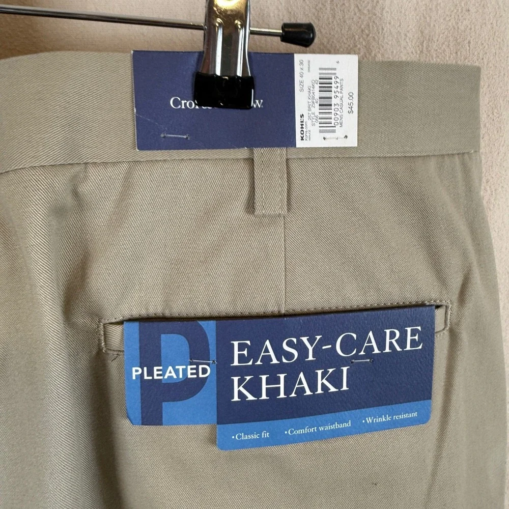 Croft & Barrow Mens Pleated Easy-Care Khaki Pants Brit Khaki 40x30 Z9FB0414KO - Picture 3 of 5